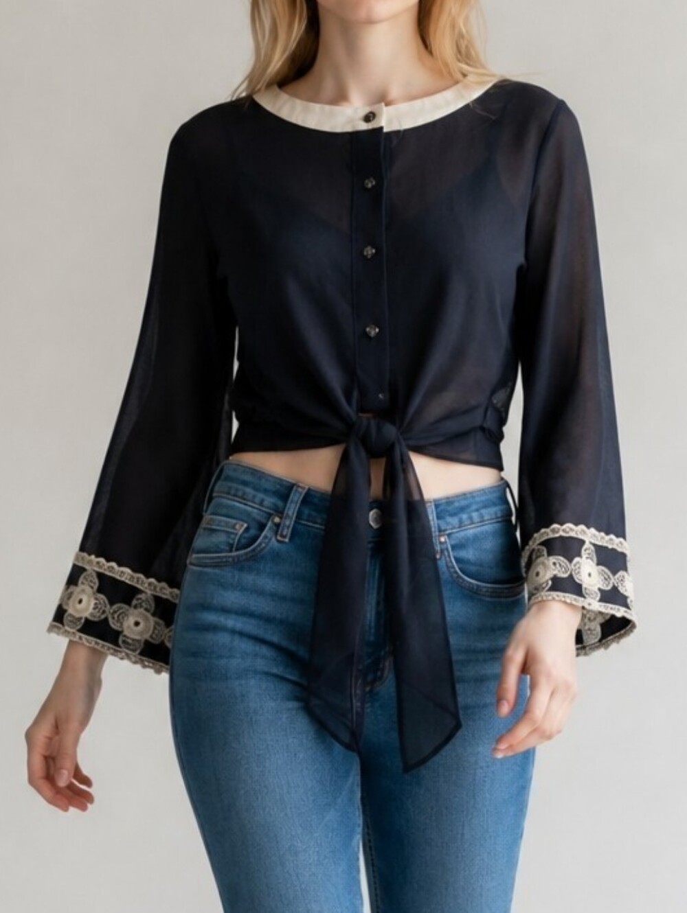 Vintage Tie-Front Chiffon Blouse with Contrast Collar - Black & Cream Embroided